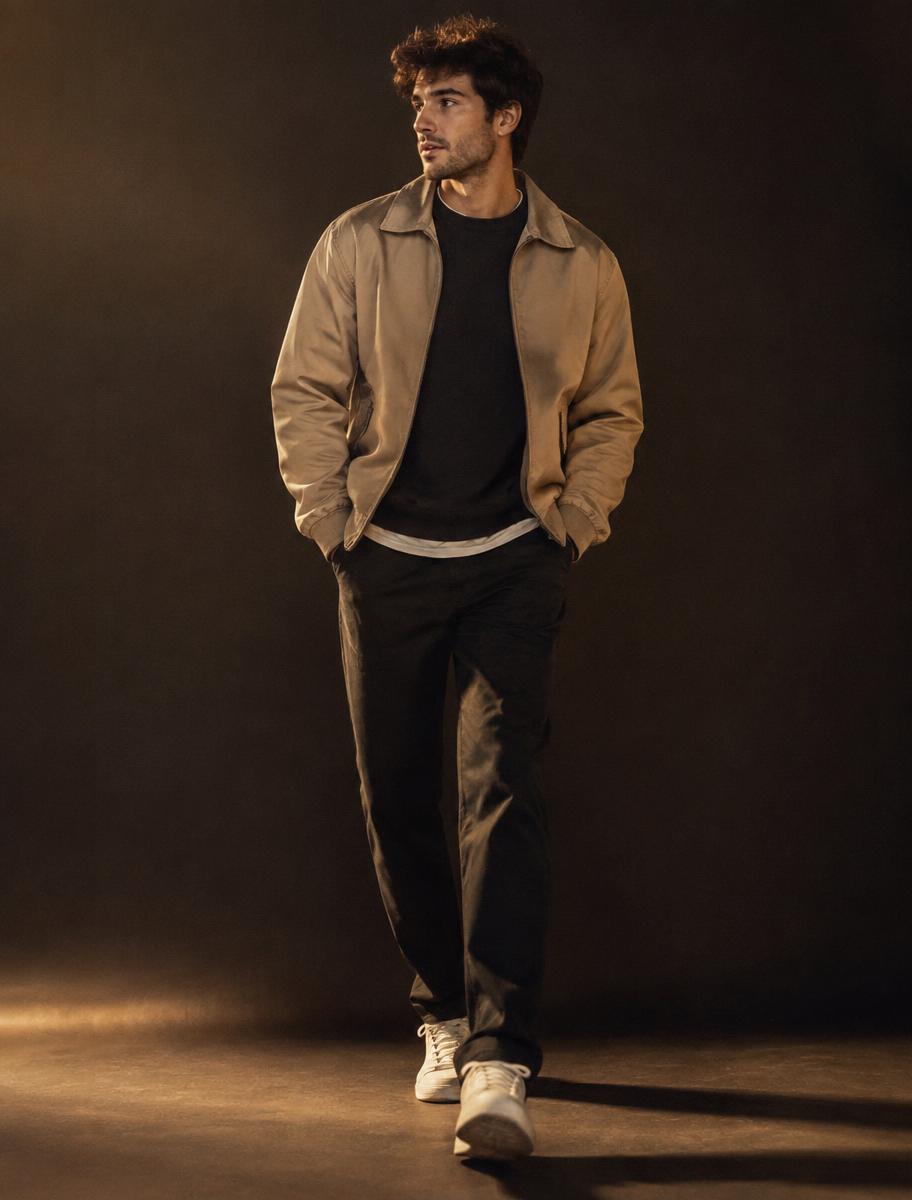 Full length commercial portfolio frame of a male model walking